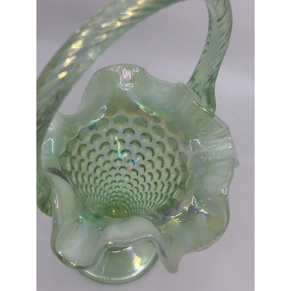 Vintage FENTON Sea Mist Green Opalescent Hobnail  Basket  w/ Twisted Handle